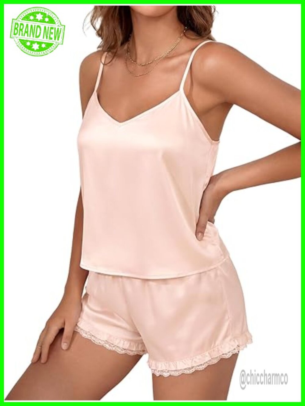 Satin 2 Piece Pajama Set Sleeveless Cami Lace Trim Shorts Sleepwear